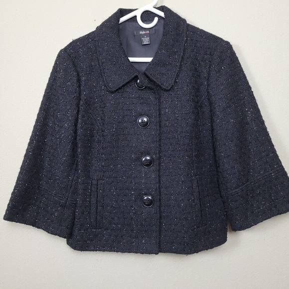 style and co Jackets & Blazers - Style & Co. Womens Black 3/4 Sleeve Collared Button Front Blazer Sz 14